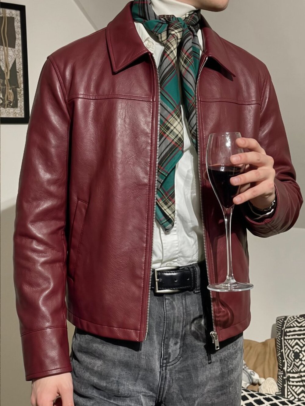 Burgundy Casual Men's Faux Leather Zip-Up Long Sleeve Jacket